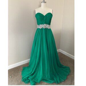 Jovani - Green Strapless Chiffon Gown with Silver Beaded Belt